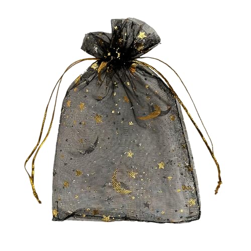 Image of YHJZ 100PCS Moon Star Organza Bags, 4x6 inches (10x15cm) Small Mesh Bags Drawstring, Jewelry Gift Pouches for Wedding, Party, Festival, Makeup Organza Favor Bags (Black)