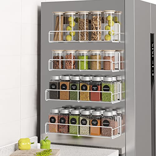 Image of 4 Pack Magnetic Spice Rack Organizer, Space Saver for Refrigerator and Microwave Oven, Metal Fridge Shelf, White