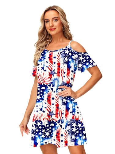 Image of Deerose Womens 4th of July Dresses Cold Shoulder American Flag Tie Dye A-Line Dress with Pockets