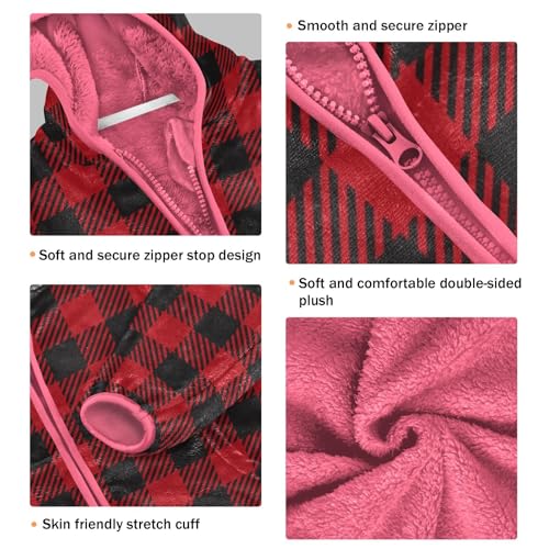 GuoChe Plaid Black Red Girls Sherpa Jacket With Hood3