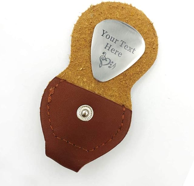 EDSG Personalised Guitar Picks | Both Side Engraved Stainless Steel Guitar Plectrums with Leather Cover | Custom Gift Hand Finished in UK(Text with Pattern)