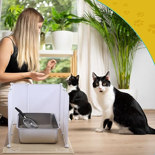 Pinkunn 2 Set Stainless Steel Cats Litter Box Large Metal Litter Box with 2 Cat Litter Scoop, 12 Litter Splash Shield and 2 Cat Litter Mat, Never Absorbs Odor (Cream White, 23.6 x 15.7 x 5.9 Inch)