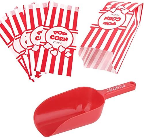 Poppy's Plastic Popcorn Scoop Bundle - 50 Bags and Plastic Popcorn Scooper, Popcorn Machine Accessories for Popcorn Bars, Movie Nights, Concessions