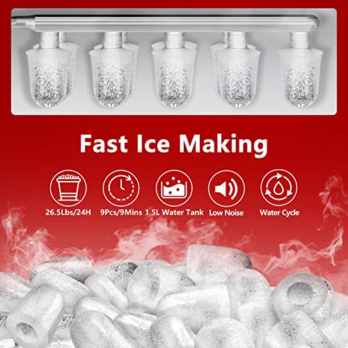 KUMIO Ice Makers Countertop, 26.5 Lbs/24H, 9 Bullet Ice Ready in 6-9 Mins with Ice Scoop and Basket, Compact Portable Ice Maker for Home Office Camping Party RV, Red - Image 3
