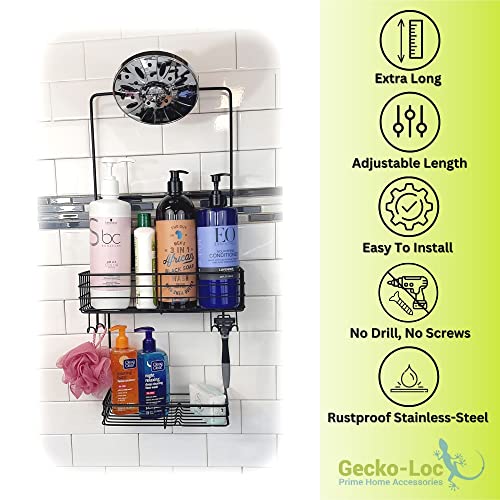 Gecko-Loc New Extra Long Extra Wide Adjustable Length Over The Showerhead Hanging Shower Caddy Organizer - Black #TOP2