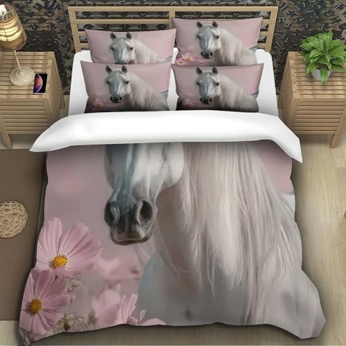 Housse de couette cheval blanc pour chambre d'adolescent et lit simple pastel