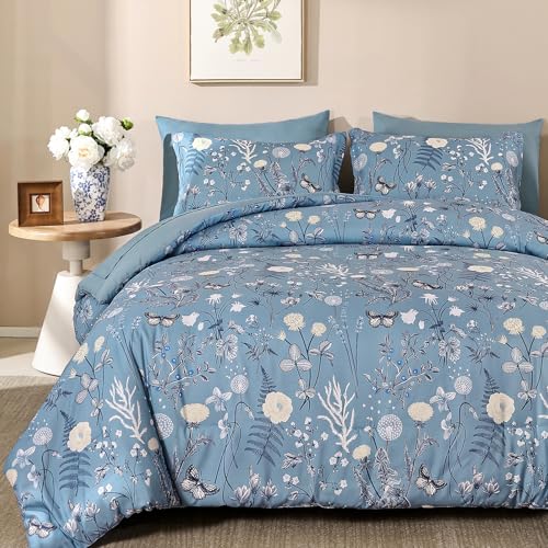 Yiran Blue Comforter Set Queen Size, 7 Piece Floral Comforter Bedding Set, Botanical Farmhouse Bed in a Bag, Soft Microfiber Complete Bedding Set with Sheets for All Season