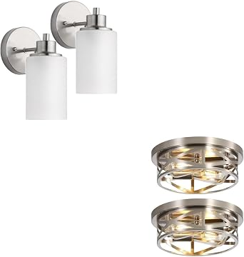 Modern Brushed Nickle Flush Mount Ceiling Light Fixture and Wall Sconces