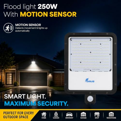 Image of Forus 250W LED Flood Light Daylight White with Motion Sensor Auto On Off Day Night Mode Waterproof Outdoor Security Light for Garden Parking Garage Factory Shop High Bright Floodlight 4Yr Warranty-1Pc