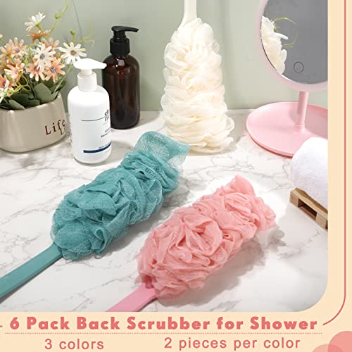 6 Pieces Back Scrubber For Shower, Long Handle Loofah Sponge Brush, Loofah On A Stick For Men Women Elderly, 17 Inch Soft Nylon Mesh Loofah Bath Body Brush Exfoliating Bathing Accessories, 3 Colors #TOP5