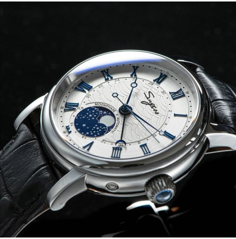 Seestern Sugess SU2108SZ Fase Lunare Meccanico Acciaio Pelle Nero Bianco Zaffiro Orologio Uomo