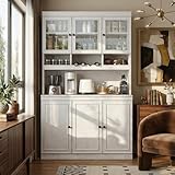 LIKIMIO 74.8' China Cabinet with Glass Doors, Tall Kitchen Pantry, Storage Cabinet with Microwave Stand, 4 Adjustable Shelves, Wine & Glass Station, Modern Display Cabinet for Home Living Room, White