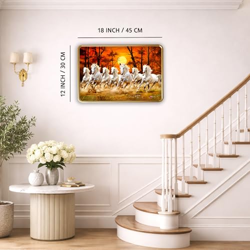 Image of XOPY Seven Running Horses Canvas with Golden Frame | Vastu 7 horses Raw Pyrite Painting for Home, Office & Living Room Wall Decore | 12X18 Inch Sparkle Laminated Frame | Best For Gifting (53310, 12X18)