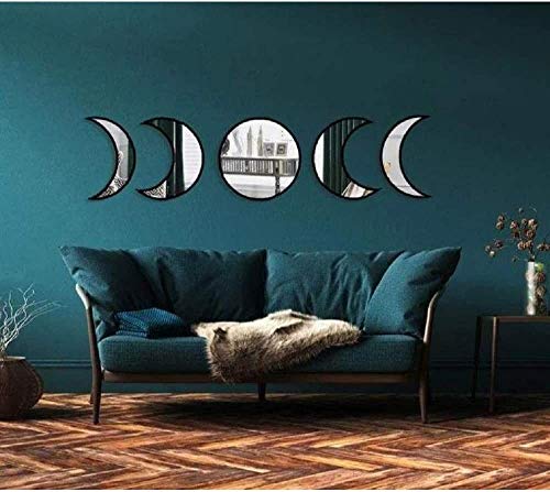 Hciszl 5Pcs/Set Scandinavian Moon Phase Mirror Wall Decor For Home Living Room Bedroom , Wooden Frame Decorative Acrylic Mirrors Bohemian Wall Decoration - No Need To Punch #TOP2