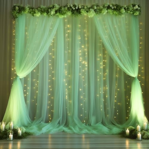 20x8ft Olive Green Tulle Backdrop Curtain with Lights String for Parites, Sheer Backdrop Curtains for Wedding Baby Shower Birthday Party Photo Shoot Decorations