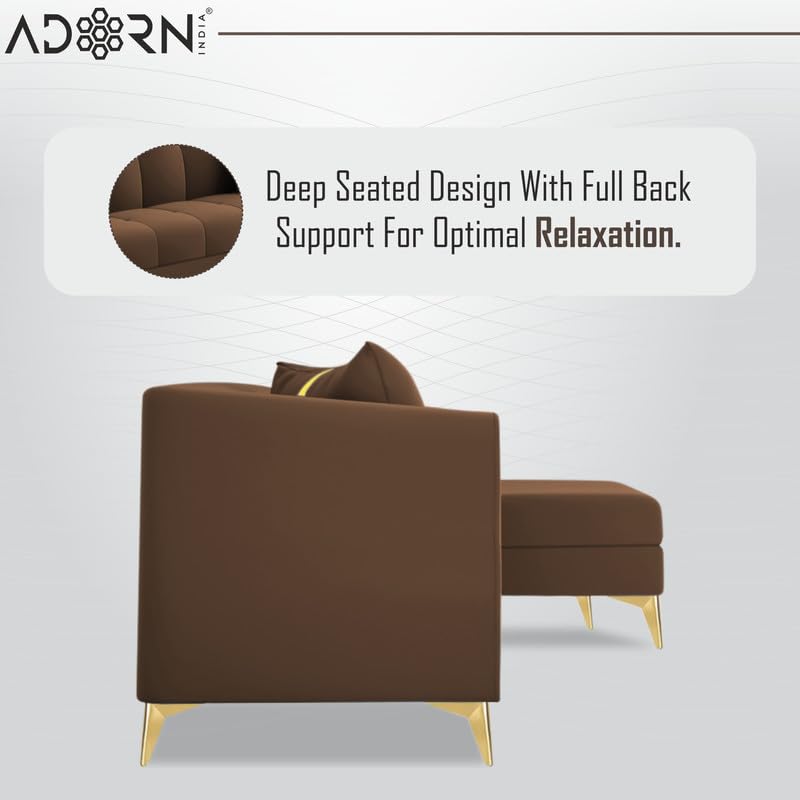 Image of Adorn India Premium Mystic - 3 Years Warranty - L Shape 4 Seater Sofa Set Velvet Suede Fabric - Brown