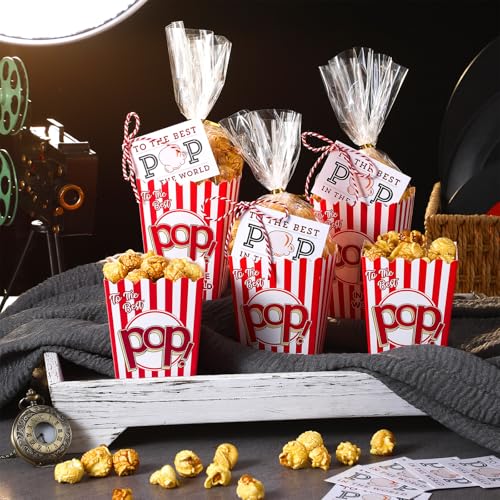 Image of Teenyyou 30 Set Father's Day Popcorn Boxes Best Pop Ever Treat Bag Popcorn Bucket Container Gift Tag with String Funny Dad Gift for Father's Birthday Party