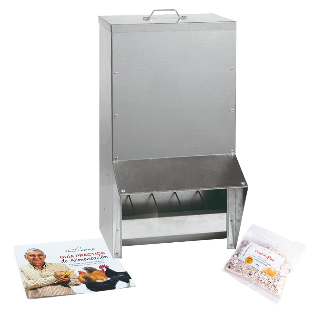 FINCA CASAREJO Tolva Exterior Galvanizada 23kg (40L) - Comedero de Gallinas Inoxidable - Toldo Antilluvia - Incluye: Guía Alimentación de Aves de Corral y bolsita de 150g Conchilla Plus