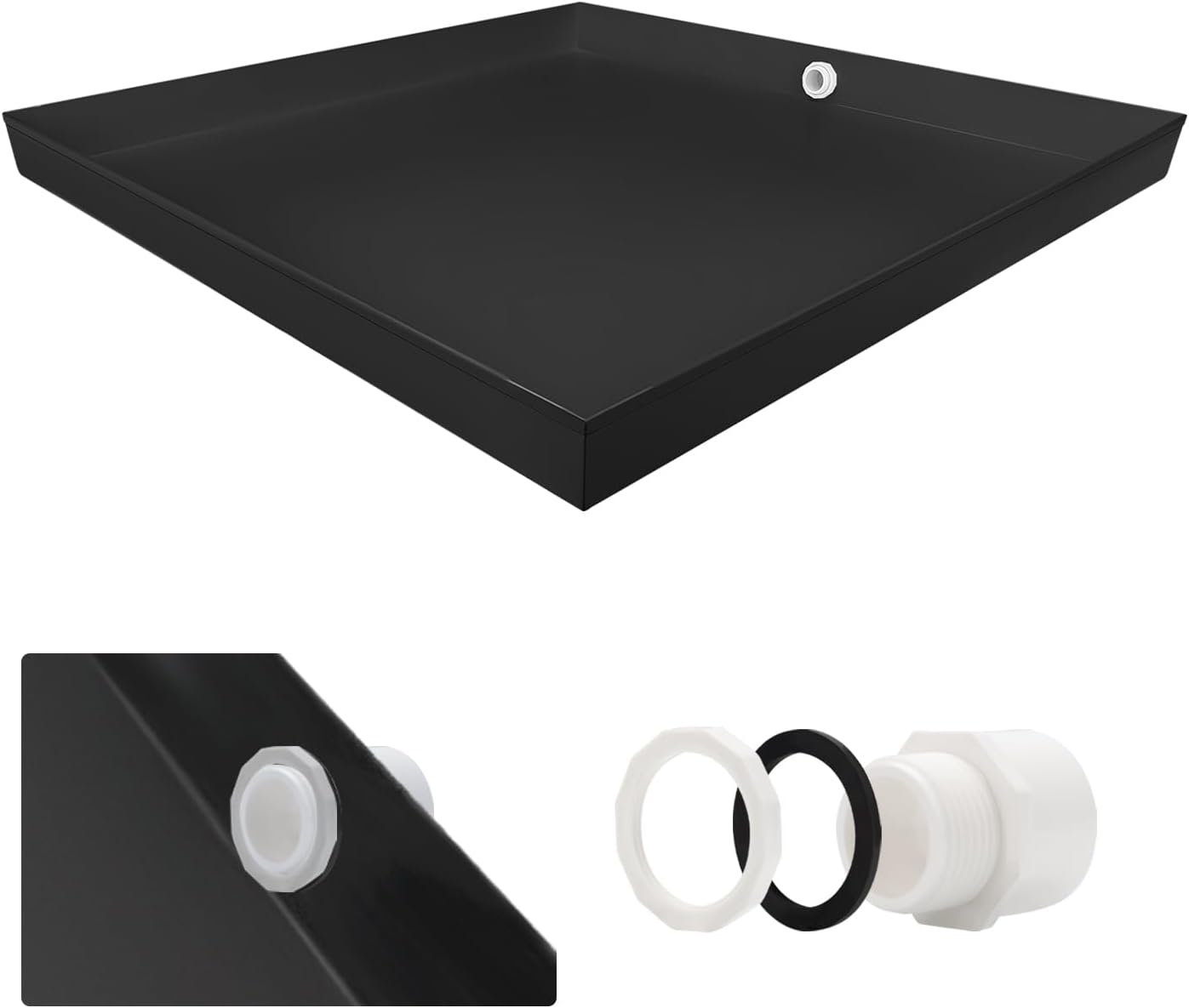 Heavy Duty Washing Machine Drain Pan 19 Guage Thick Stainless Steel 32X30X2-1/2in, Including 1" Drain Fittings (Matte White)