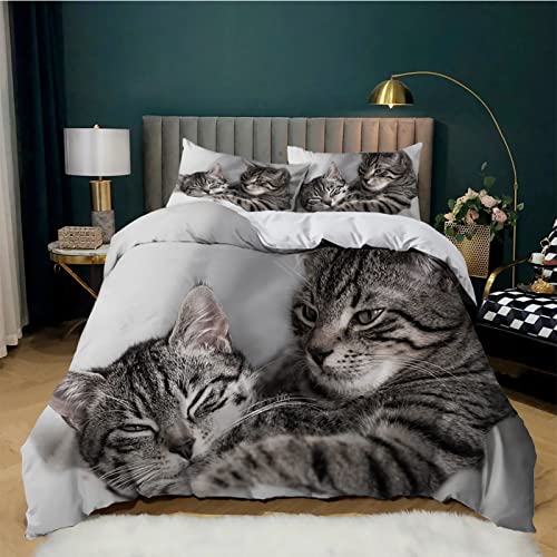 ZZXHG Housse de Couette 220x240 Adulte Chat Tigré Gris Housse de Couette 2 Personnes en Microfibre, 3 Pièces Ensemble de literie avec 1 Housse de Couette + 2 Taie d'oreiller 65x65 cm
