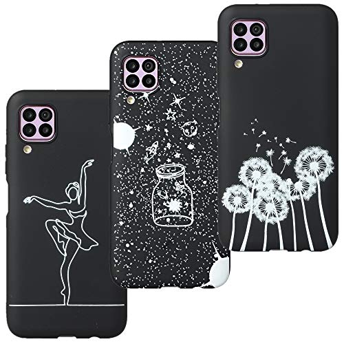 LeviDo 3X Funda Compatible para Huawei P40 Lite Silicona Delgado Case Caucho Caso Goma Bumper Antigolpes Parachoque Negro Cover, niña-Estrella-Diente de león