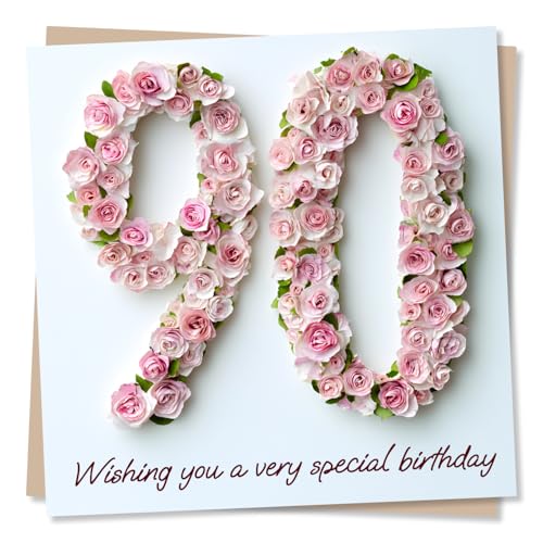 90th Birthday Card for Women Female Her - Pink Floral Rose Design - Made in UK