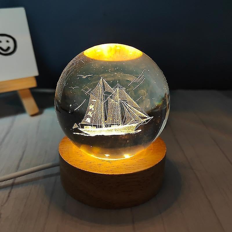 Image of 3D Ship Crystal Ball Night Lamp, Solar System Ship Crystal Ball Night Light, USB Table Colorful Led Wooden Crystel Ball for Home, Office, Birthday Gift (Ship)