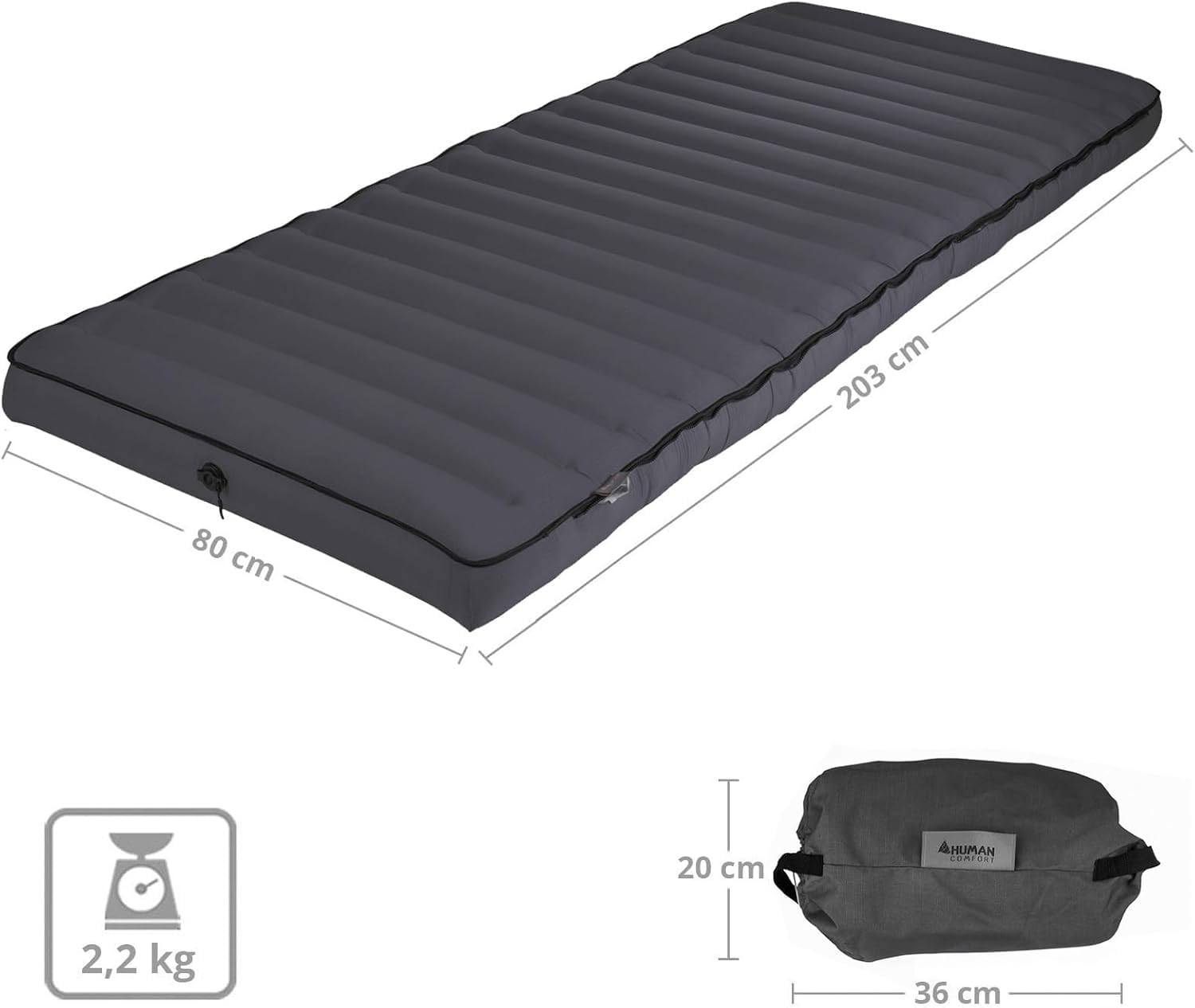 Human Comfort Luft Bett TC Chatou Luftmatratze Camping – Aufblasbare Isomatte 203x80x13 cm – Komfort Luftbett für Camping & Gästebett – 100% Baumwolle – Grau