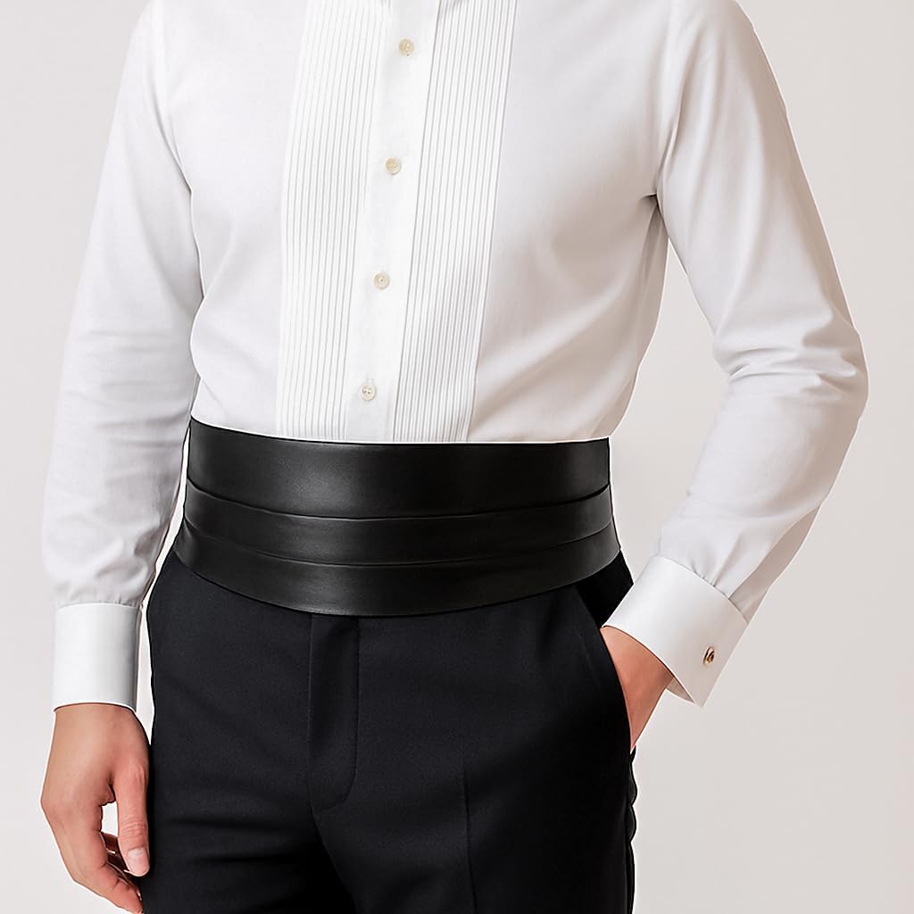 Made in Italy Men's Black Leather Cummerbund Tuxedo Belt