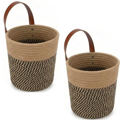 2-Pack Natural Jute Hanging Baskets 7 * 8inches, Round Woven Wall Decor & Storage Planter for Plant Decor and Home Organization,Walls Basket for Bedroom, Living Room, Bathroom,Boho Decor- Black Jute by luxury little - Used condition - Image 9