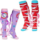 Tarpop Unicorn Socks for Woman 2 Pairs Cute Animal Crazy Novelty Unicorn Socks High Unicorn Socks Long Socks(Purple, Red Style)