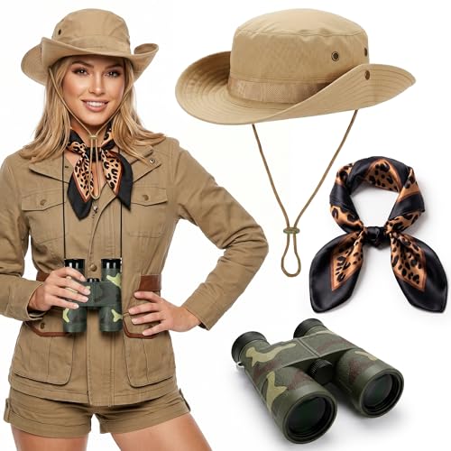 Coziyee 3 Pcs Safari Costume Women Safari Hat Binoculars Leopard Scarf Zoo Keeper Costume Adult Accessories Set for Halloween Cosplay (Beige)