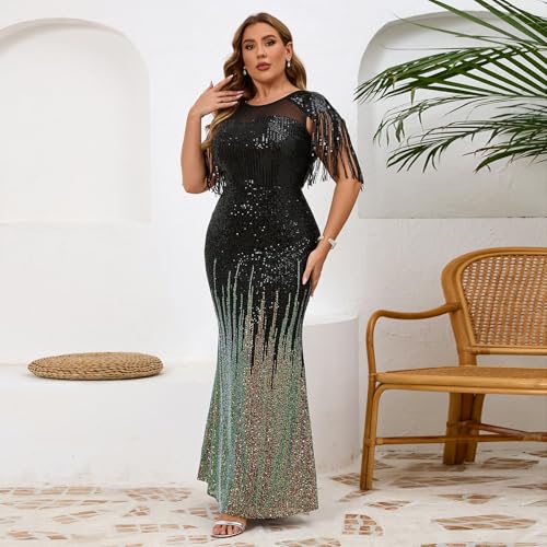 Image of Cololura Sexy Sequin Tassel Mesh Perspective Party Cocktail Bodycon Evening Club Maxi Dress