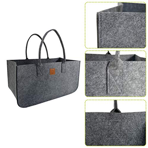 KHI Filzkorb, XL Einkaufstasche, 51 x 26 x 26 cm, Shopper Bag, Filztasche, Gross, grau, Kaminholzkorb, Spielzeugkorb, Spielzeugtasche, Brennholztasche, Aufbewahrung von Kaminholz