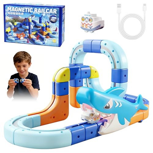 HUAJUN Clickrail Electric Train Set,85PCS 3D Racing Cube Track Set with Electric Train,Magic Rail Cube Train Set, with Gravity-Defying Motorized Train,Building Car Track Toys For Kids Boys Girls