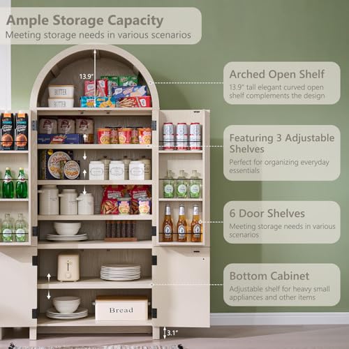 Image of IFGET 71 inch Tall Arched Kitchen Pantry, Modern Fluted Wood Storage Cabinet with Doors, 3 Adjustable Shelves, 6 Door Shelves, Organizer, Versatile Cupboard for Kitchen, Bathroom, Cream