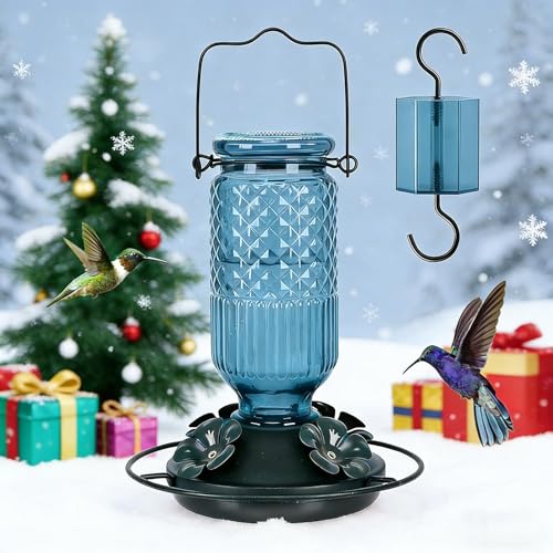 FEED GARDEN Glass Hummingbird Feeder for Outdoors Hanging, 16 OZ Humming Birds Feeders with 4 Bee Guard Feeding Ports & Built-in Ant Moat, Hummingbird Gifts for Mom, Bird Feeder for Outside, Blue