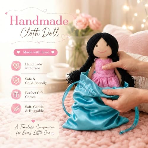 Image of Handcrafted Indian Rag Doll Set, Stitch Soft Toy Doll for Kids, Soft Cotton Fabric Yarn Cloth Doll, Traditional South Indian Soft Toys for Kids Room Decor (Pink, Dot and Net)