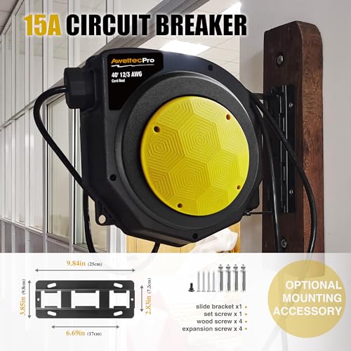 Retractable Extension Cord Reel,40 FT Heavy Duty Power Cord 12/3 AWG,15A Circuit Breaker,3 Tripe Tap Outlets,ETL Certified,with Ceiling/Wall mount - Thumbnail 5