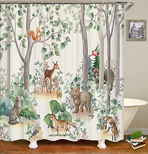 Olebety 4Pcs Cartoon Animal Shower Curtain Set, Woodland Green Leaf Deer Squirrel Fox Wolf Bear Hunting Cabin Lodge Rustic Farmhouse Kids Bathroom Decor, Non-Slip Bath Mat Toilet Rug, Forest Animals #TOP2