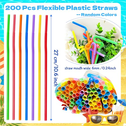 200Pcs Flexible Plastic Drinking Straws,Colorful Disposable Bendy Party Fancy Straw for Decorations,Home Use,Milk,Juice,Cold Drinks,12.6 inch Extra Long