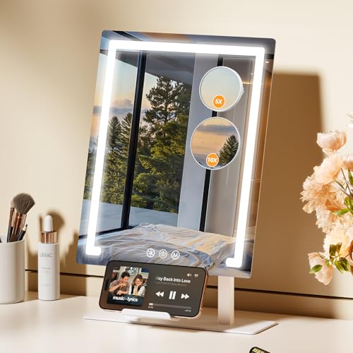 Gospire Lighted Makeup Mirror Hollywood 4000mAh Rechargeable Vanity Mirror with 5X/10X Magnification 3-Color Dimmable Lighting Touch Control Phone Holder 11x16.8 LED Tabletop Mirror for Bedroom