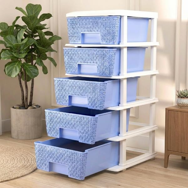 Image of Plastic Modular Drawer Storage Chest Of Drawers Organizer Storage Box, Large Stomo Racks For Multipurpose Anti-slip Shoes Organizers (Blue, 5 Layer)