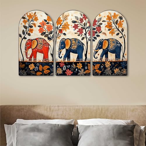 Image of Livin'luxe Elephant Wall Art | Set of 3 MDF Panel Paintings | Traditional Floral & Animal Theme Decorative Wall Hanging for Living Room, Bedroom & Home Interiors (20 x 30 Inch) RPNS-20
