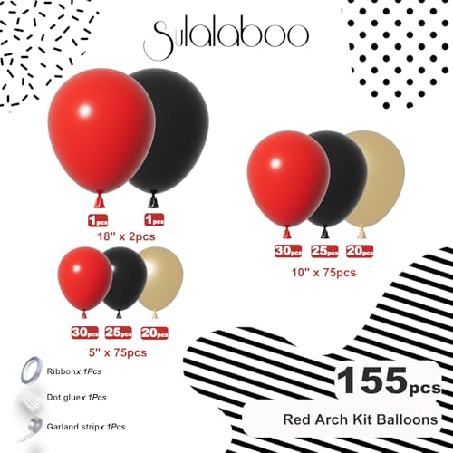 Image of Red Balloons Arch Kit 155Pcs Black Gold Metallic 18 10 5 Inch | Red Different Sizes Latex Balloon Garland for Birthday Anniversary Graduation Party Decorations