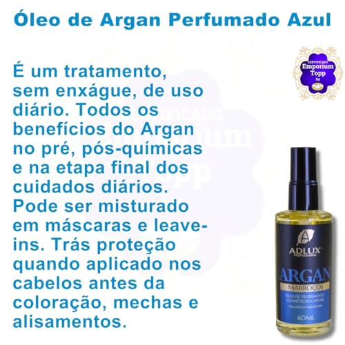 Óleo de Argan Marrocos Adlux, 60ml, Azul. Tratamento Capilar, Sem Frizz, Sem Pontas Duplas.
