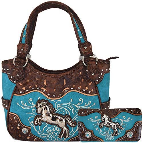 Image of Tooled Leather Laser Cut Western Style Horse Cowgirl Purse Country Totes Women Handbag Everyday Shoulder Bags Wallet Set