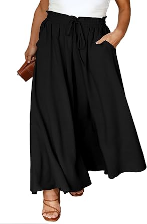 Plus Size Womens Wide Leg Pants Casual Elastic High Waist Flowy Pants Drawstring Palazzo Pants with Pockets
