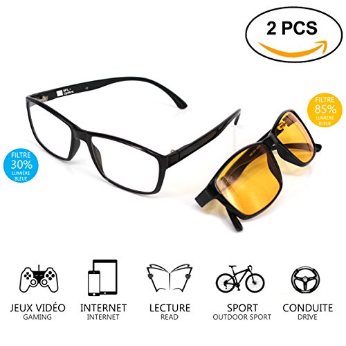 SFL + Optics. Lot de 2 Lunette Anti Lumiere Bleue Protection 85% et 92% Lunettes Jeux Vidéo Lunettes Gaming PC Mobile TV Haute Protection pour Ecrans Anti Fatigue Anti UV pour Femmes et Hommes