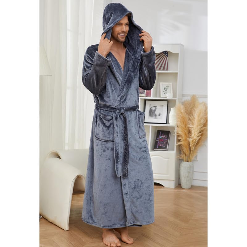 U2SKIIN Mens Hooded Robe, Full Length Plush Robe for Men Big and Tall Fleece Bathrobe4